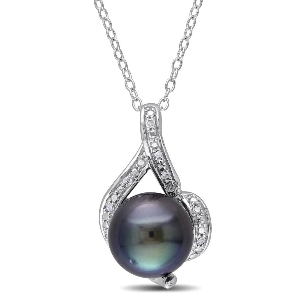 商品Mimi & Max|9-9.5mm Black Tahitian Pearl and Diamond Curlicue Necklace in Sterling Silver,价格¥888,第1张图片