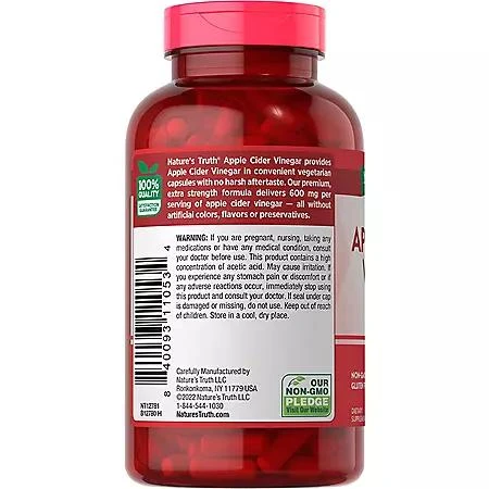 商品Nature's Truth|Nature's Truth Apple Cider Vinegar 600 mg Extra Strength Capsules, 240 ct.,价格¥100,第3张图片详细描述