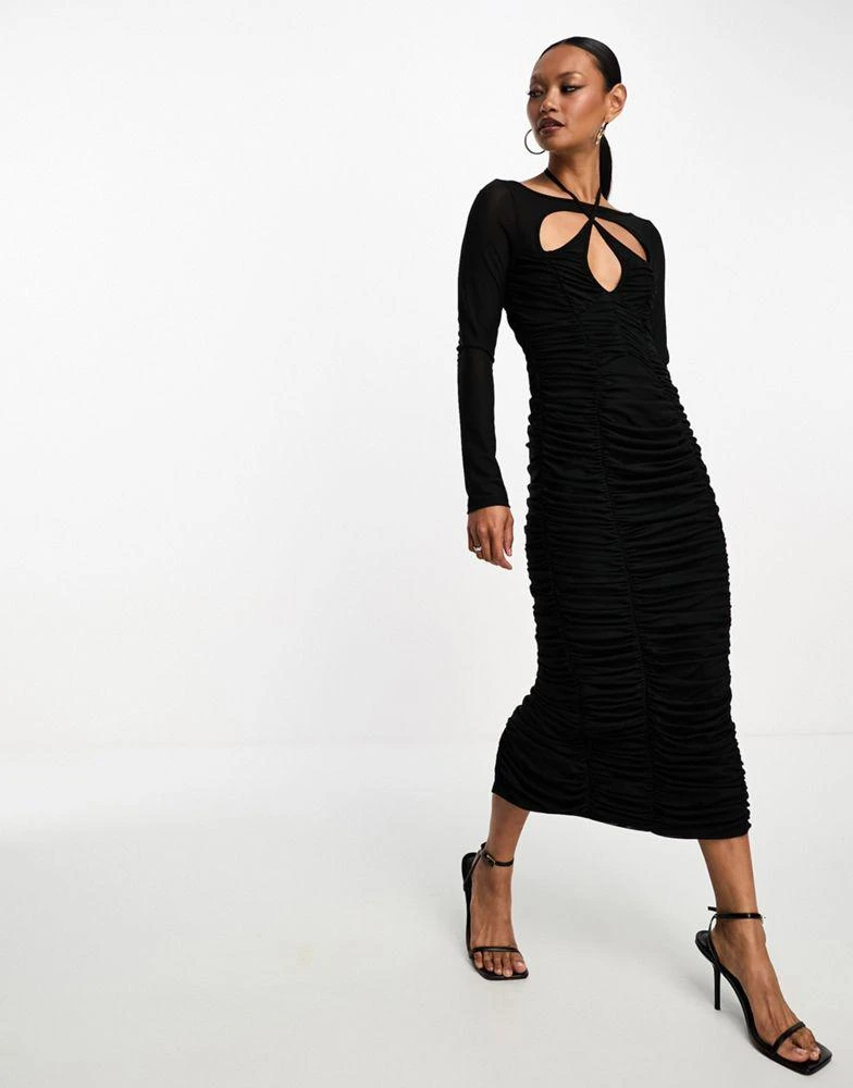 商品ASOS|ASOS DESIGN cut out ruched mesh midi dress in black,价格¥337,第4张图片详细描述