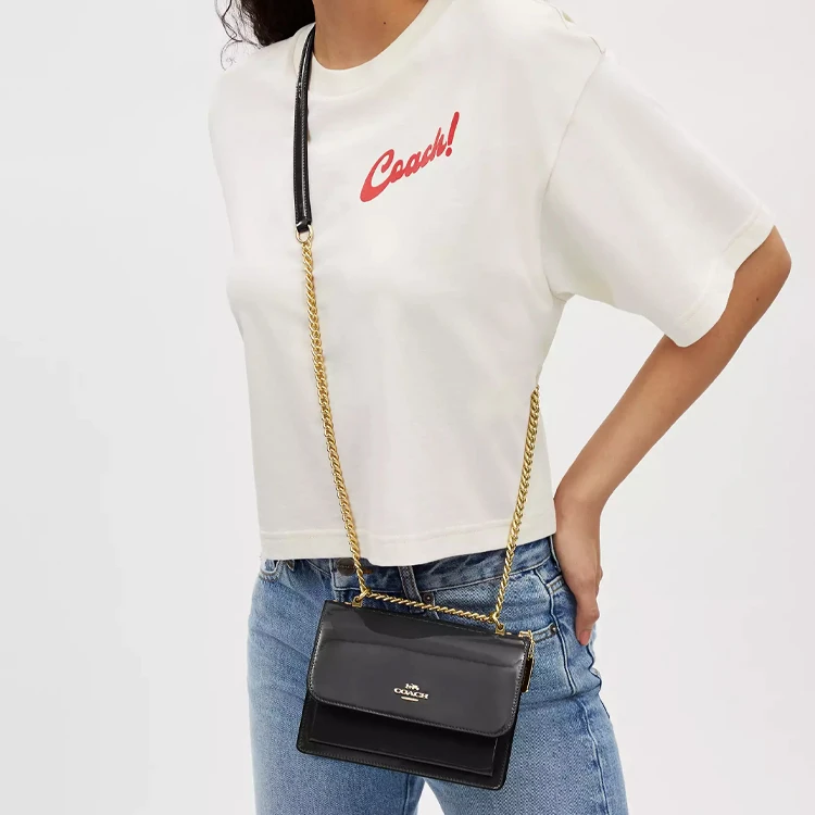 商品[国内直发] Coach|蔻驰 Klare 18 品牌徽标翻盖开合 漆皮拼光滑皮革 斜挎单肩包 迷你 女款 黑色,价格¥1412,第6张图片详细描述