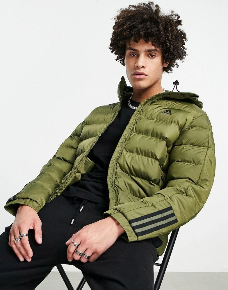 商品Adidas|adidas Outdoor puffer jacket with hood and three stripes in khaki - MGREEN,价格¥410,第1张图片