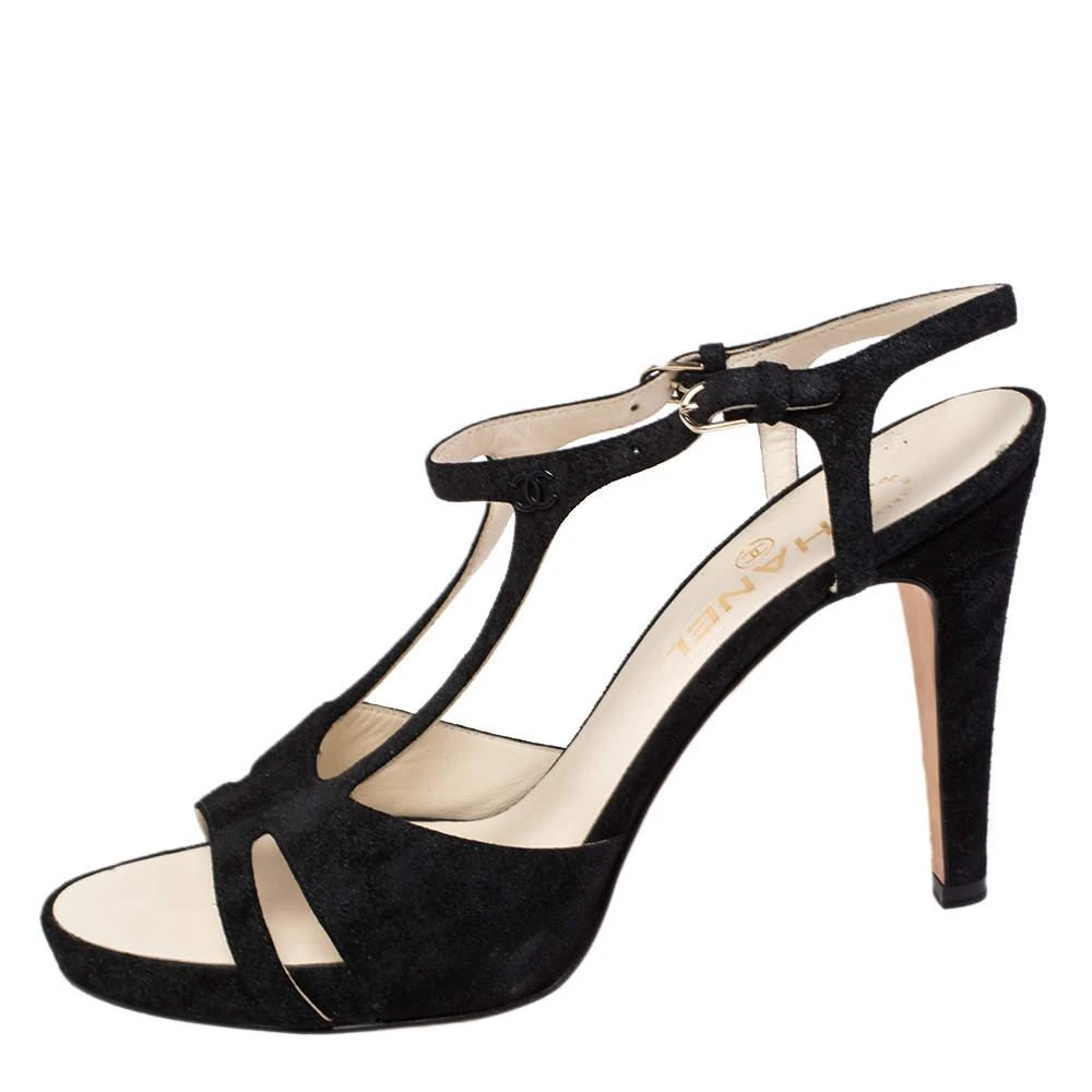 商品[二手商品] Chanel|Chanel Black Cut Out Suede CC Ankle Strap Sandals Size 39.5,价格¥2780,第2张图片详细描述