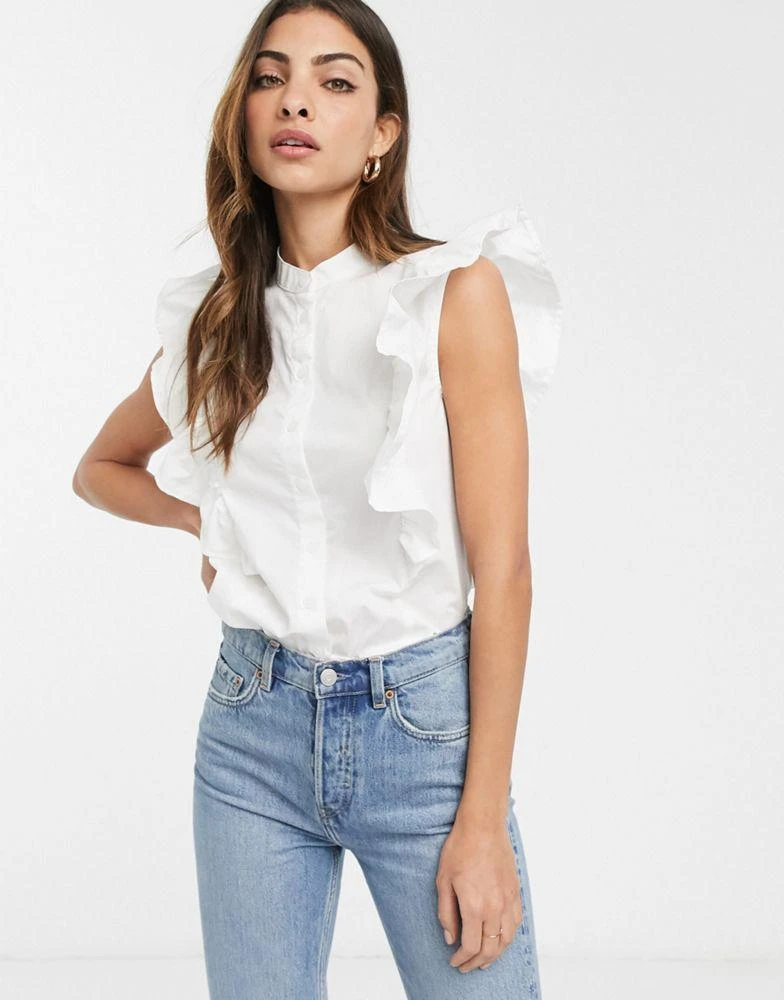 商品ASOS|ASOS DESIGN sleeveless shirt with frill detail in cotton in white,价格¥124,第1张图片