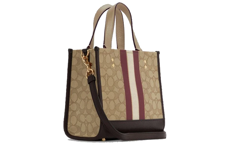 商品[国内直发] Coach|蔻驰 Dempsey 22 经典老花Logo贴标 织物拼皮革 托特包Tote包购物袋单肩斜挎手提包 小号 女款 浅卡其色,价格¥2087,第3张图片详细描述
