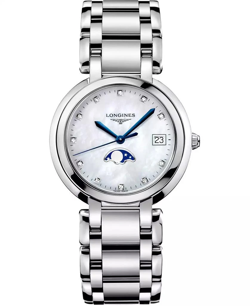 商品Longines|Women's Swiss PrimaLuna Diamond-Accent Stainless Steel Bracelet Watch 34mm,价格¥12004,第1张图片