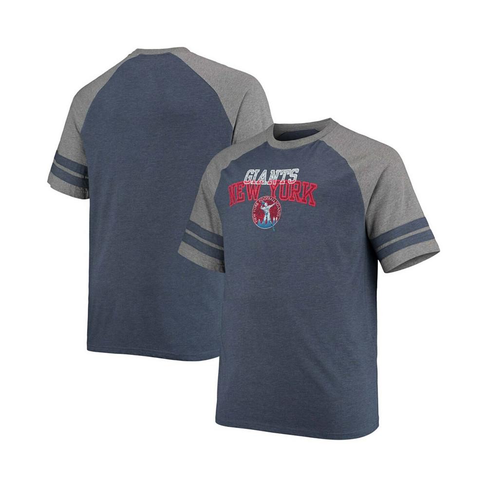 Men's Big and Tall Navy, Heathered Gray New York Giants Throwback 2-Stripe Raglan T-shirt商品第1张图片规格展示