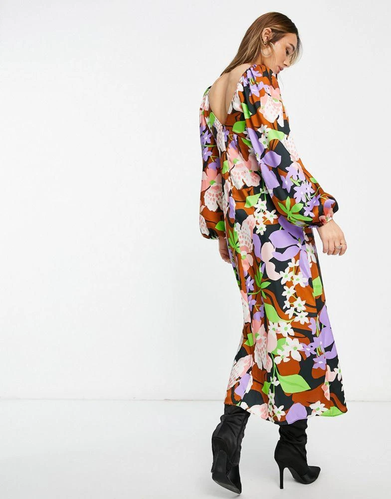 商品ASOS|ASOS DESIGN keyhole tie up satin midi dress in black based floral print,价格¥230,第2张图片详细描述