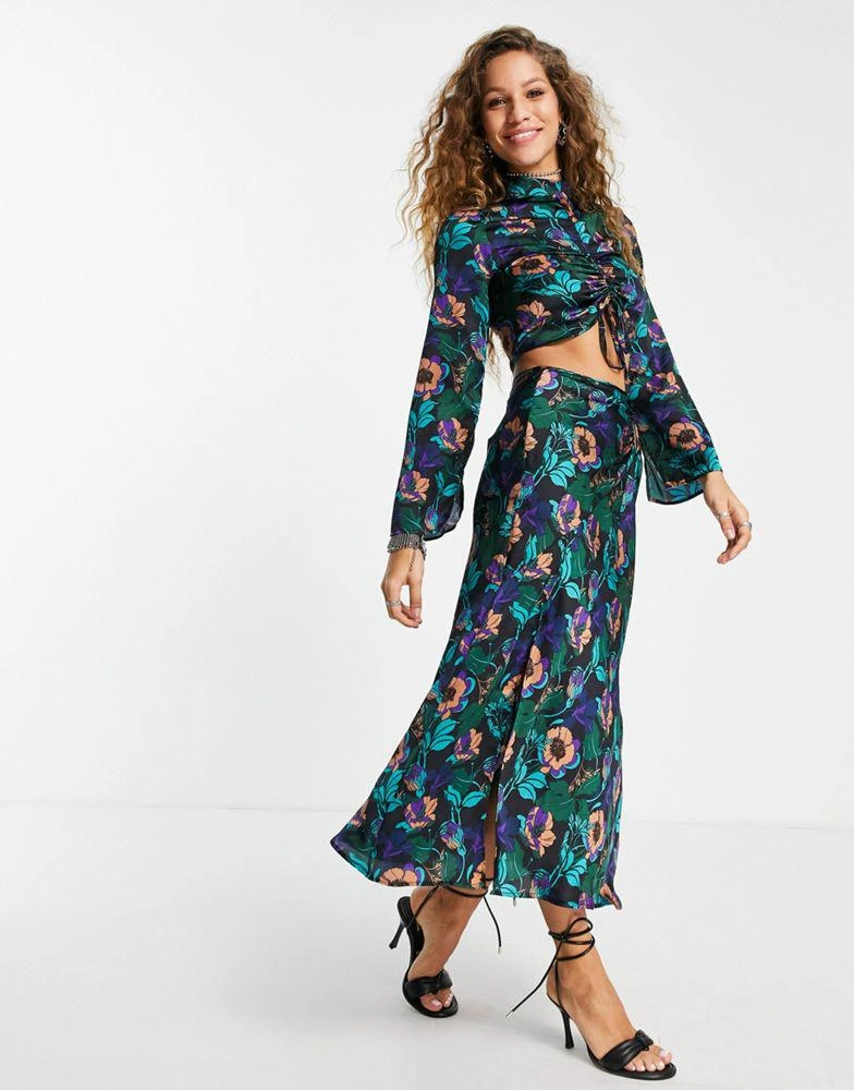 商品Topshop|Topshop co-ord 70's print satin ruche top in multi  - MULTI,价格¥160,第3张图片详细描述
