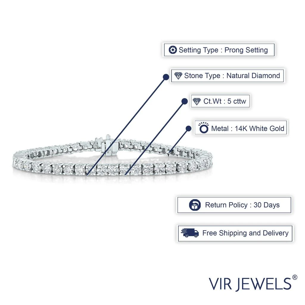 商品Vir Jewels|5 cttw Diamond Bracelet 14K White Gold Classic Tennis Round Prong Set 7 Inch,价格¥33364,第3张图片详细描述