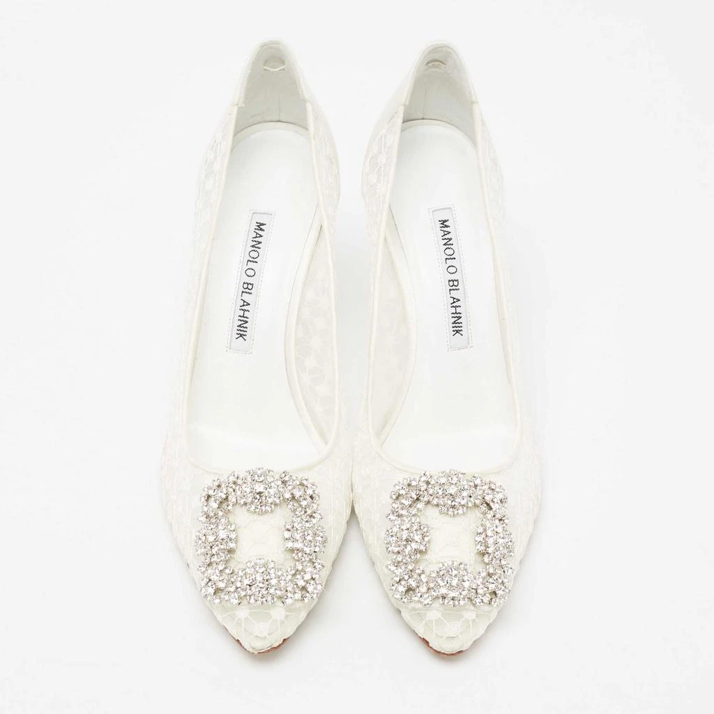 商品[二手商品] Manolo Blahnik|Manolo Blahnik White/Grey Lace and Satin Hangisi Pointed Toe Pumps Size 36,价格¥4115,第3张图片详细描述