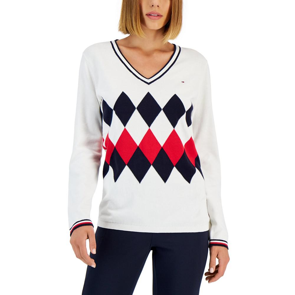 Women's Cotton Argyle V-Neck Sweater商品第1张图片规格展示