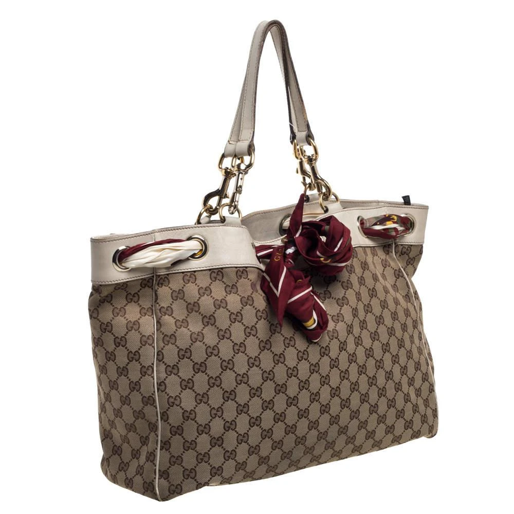 商品[二手商品] Gucci|Gucci Beige/Off White GG Canvas and Leather Large Positano Scarf Tote,价格¥2924,第3张图片详细描述