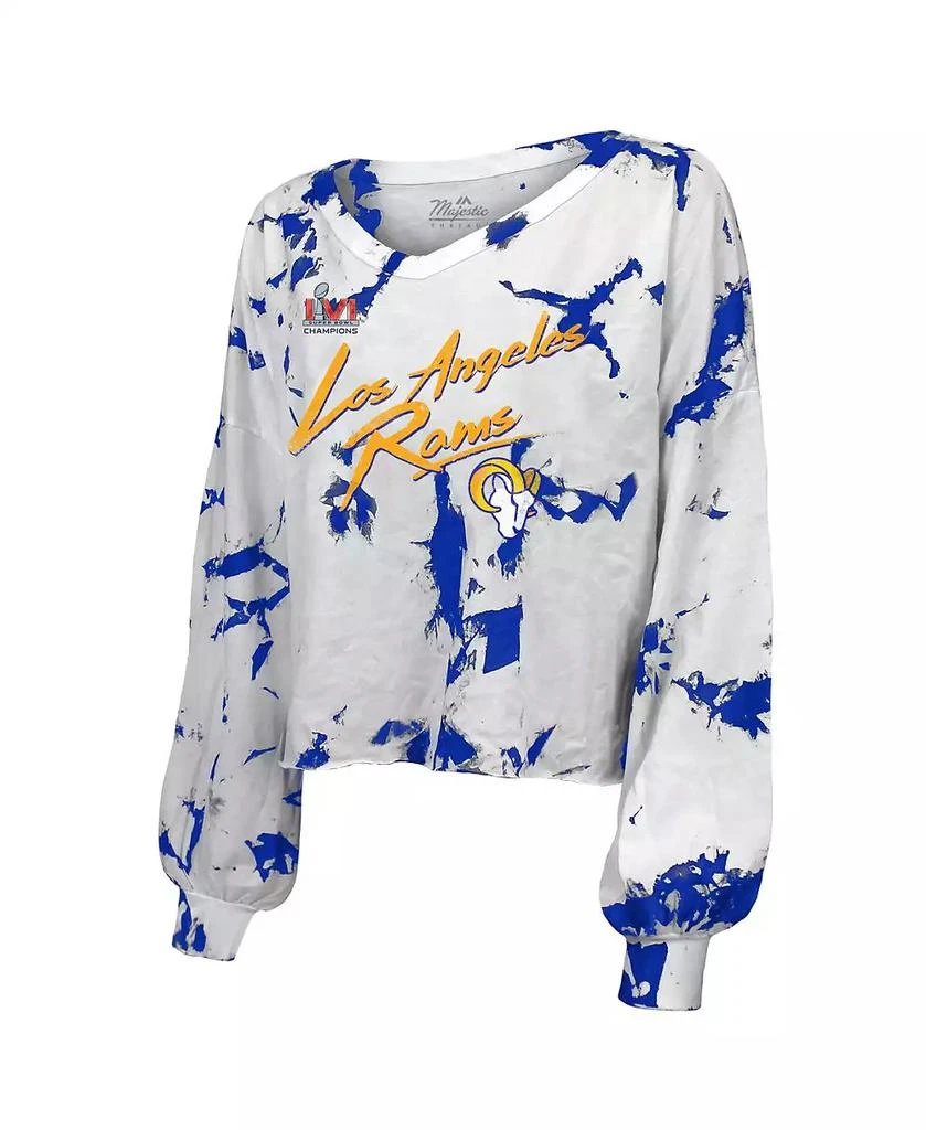 商品Majestic|Women's Threads Matthew Stafford Royal, White Los Angeles Rams Super Bowl LVI Champions Off-Shoulder Tie-Dye Name Number Long Sleeve V-Neck T-shirt,价格¥358,第2张图片详细描述