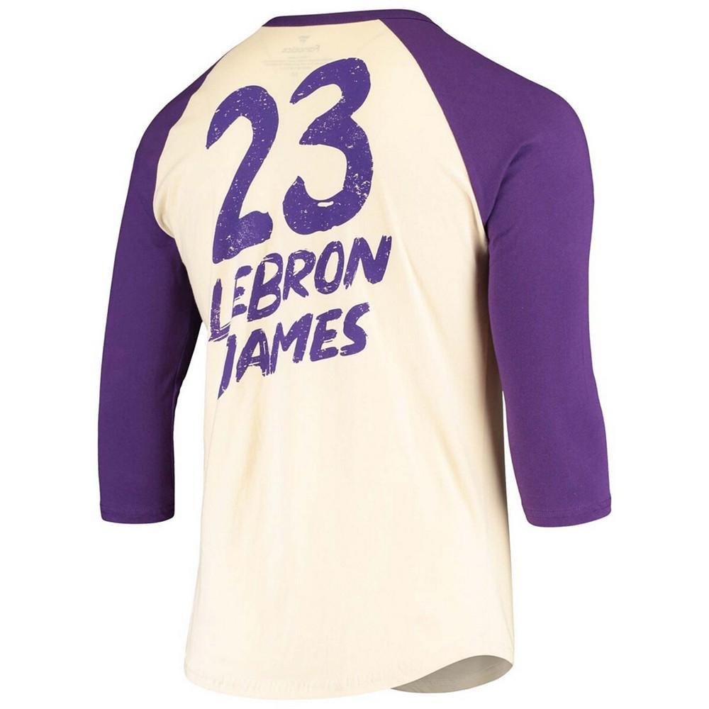 商品Fanatics|Men's LeBron James Cream and Purple Los Angeles Lakers Raglan 3/4 Sleeve T-shirt,价格¥299,第5张图片详细描述