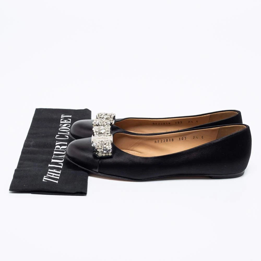 Salvatore Ferragamo Black Leather And Satin Crystal Embellished Bow Ballet Flats Size 38 商品