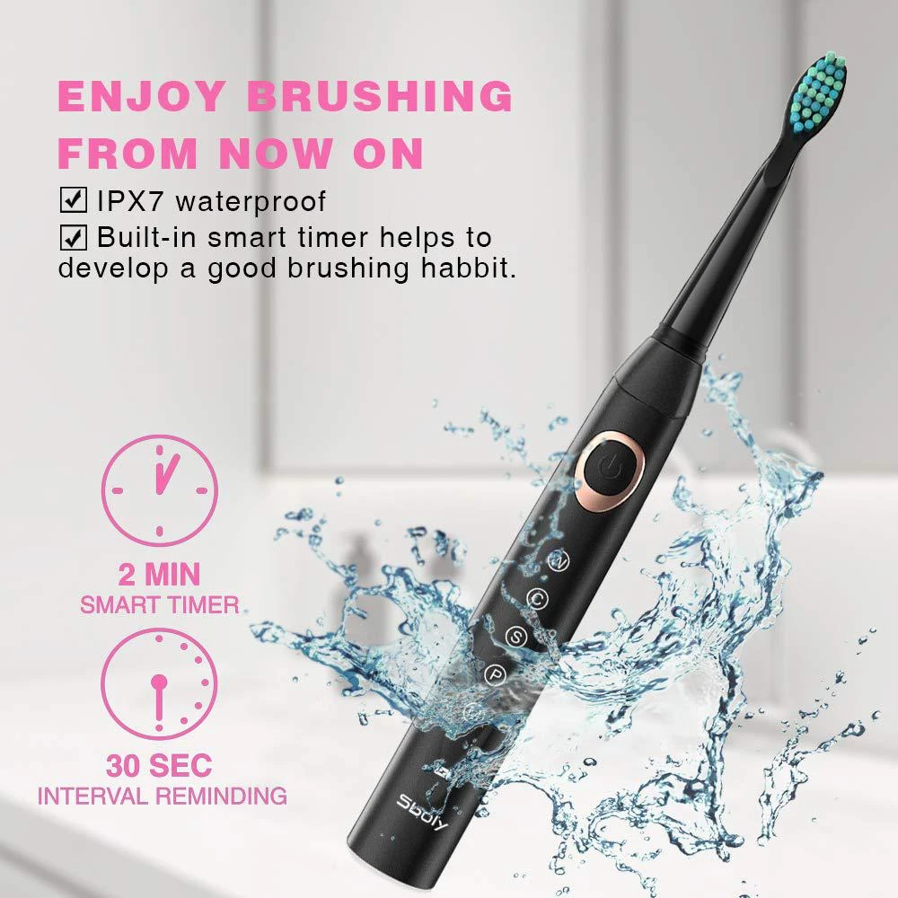 商品Sboly|2 Sonic Electric Toothbrushes 5 Modes 8 Brush Heads USB Fast Charge Powered Toothbrush Last for 30 Days, Built-in Smart Timer Rechargeable Toothbrushes for Adults and Kids (1 Black and 1 Pink) SY-508,价格¥420,第5张图片详细描述