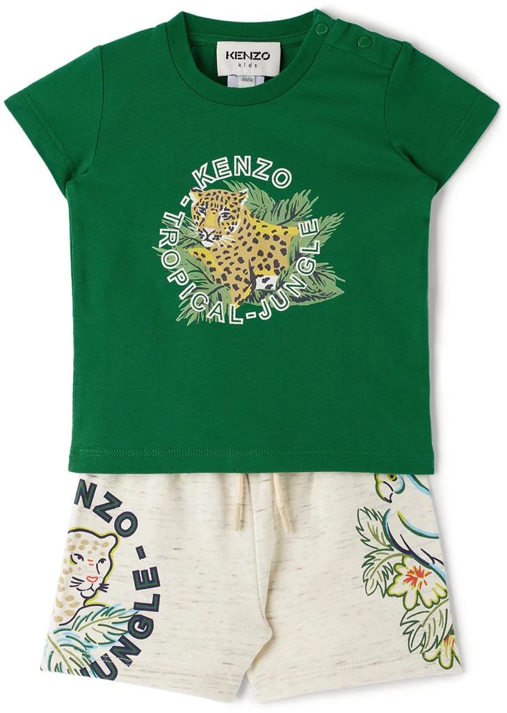 商品Kenzo|Baby Green & Beige T-Shirt & Shorts Set,价格¥841,第1张图片