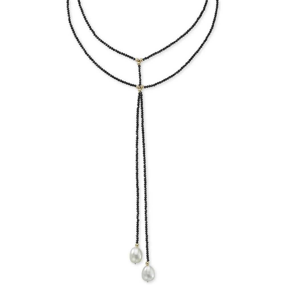 商品Macy's|Cultured Freshwater Pearl (10mm) & Black Spinel Double Row Choker Lariat Necklace in 14k Gold (Also in Lapis Lazuli),价格¥1736,第1张图片