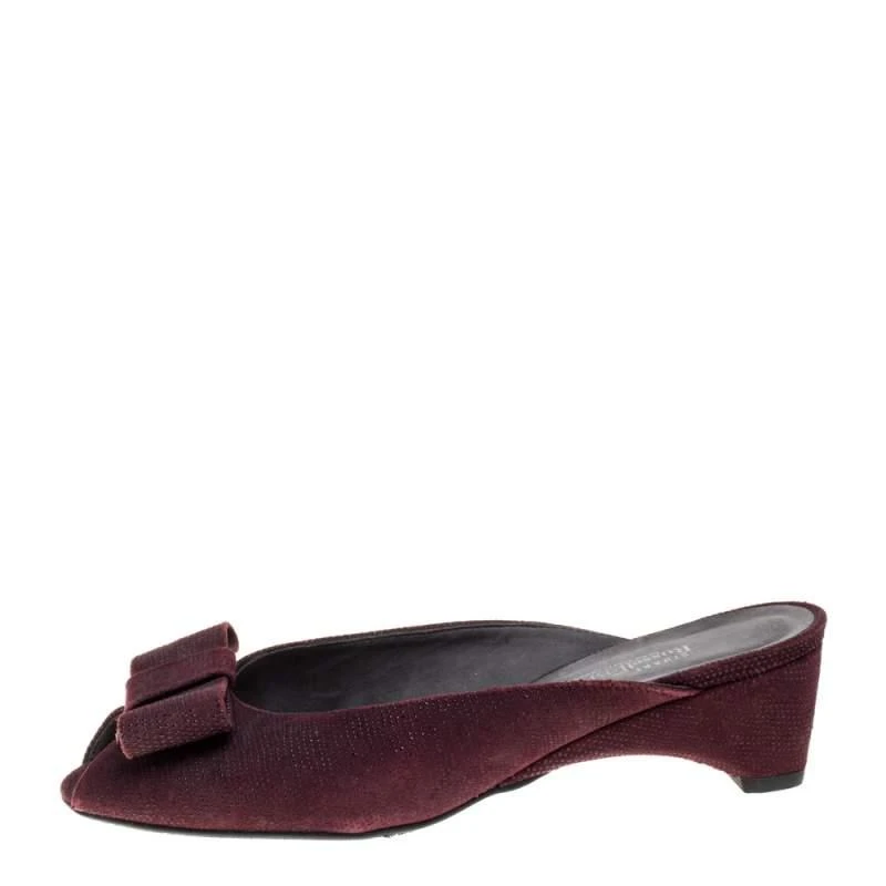 商品[二手商品] Stuart Weitzman|Stuart Weitzman Burgundy Textured Suede Bow Peep Toe Slide Sandals Size 38,价格¥824,第2张图片详细描述