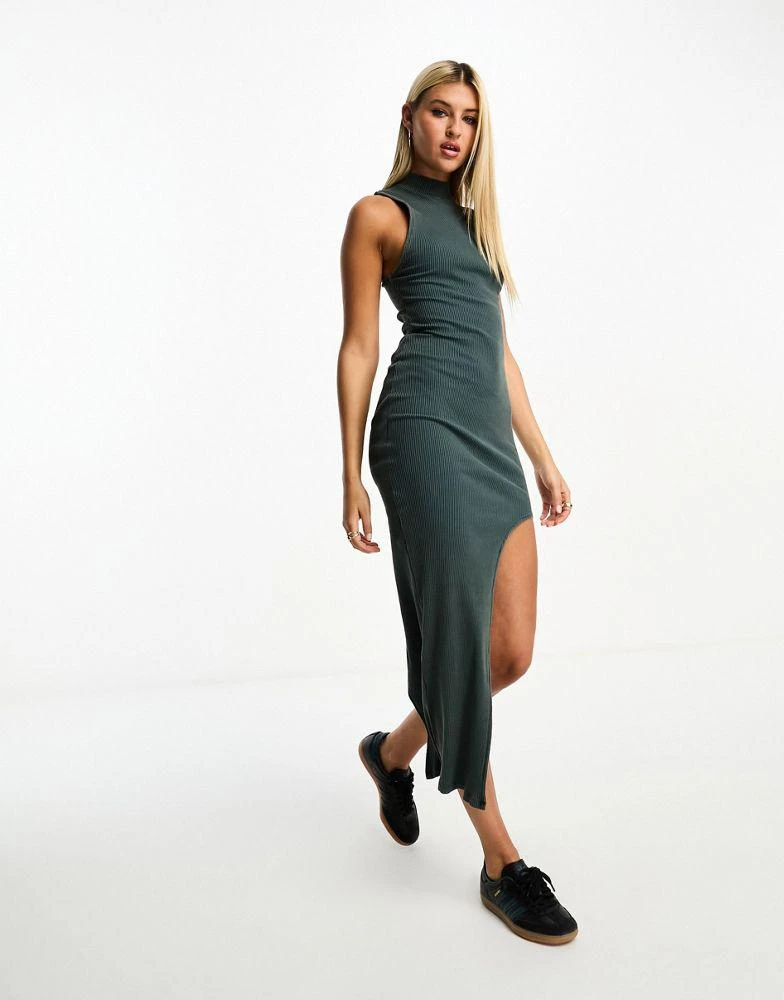 商品Bershka|Bershka high neck ribbed maxi dress in petrol blue,价格¥187,第1张图片