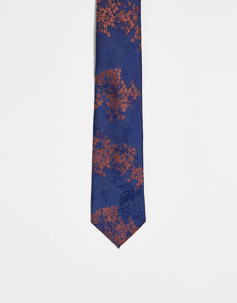ASOS DESIGN slim tie in navy and burnt orange floral商品第1张图片规格展示
