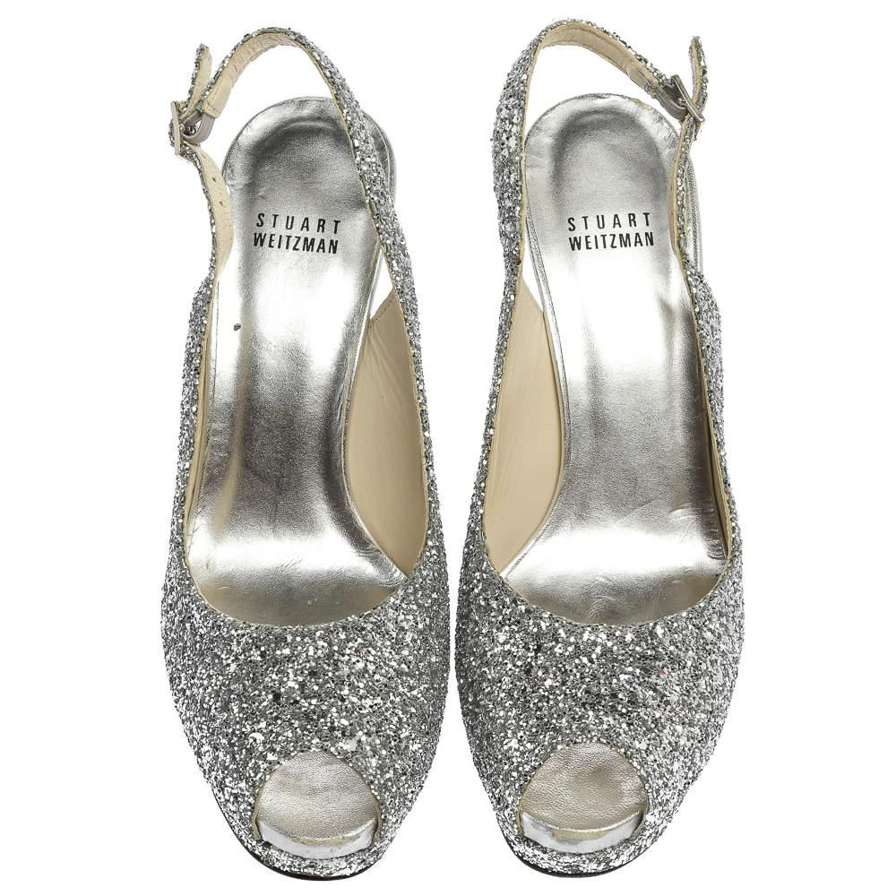 商品[二手商品] Stuart Weitzman|Stuart Weitzman Silver Coarse Glitter Peep Toe Slingback Sandals Size 38.5,价格¥1030,第3张图片详细描述