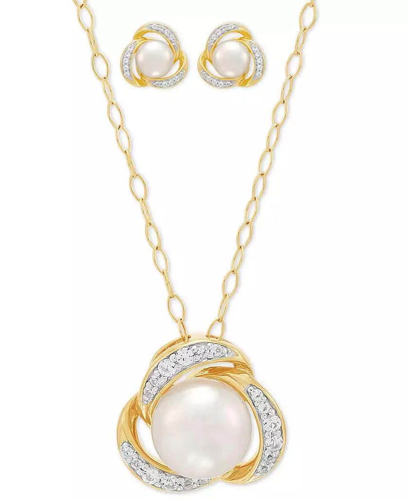 商品Macy's|2-Pc. Set Cultured Freshwater Button Pearl (7 & 8mm) & Lab Created White Sapphire (3/8 ct. t.w.) Love Knot Pendant Necklace & Matching Stud Earrings in 14k Gold-Plated Sterling Silver,价格¥1183,第1张图片