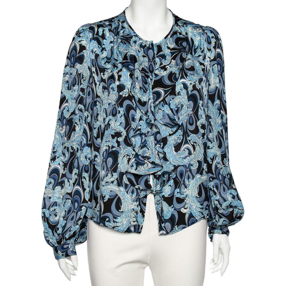 Emilio Pucci Blue Printed Silk Ruffle Detail Button Front Top L商品第1张图片规格展示