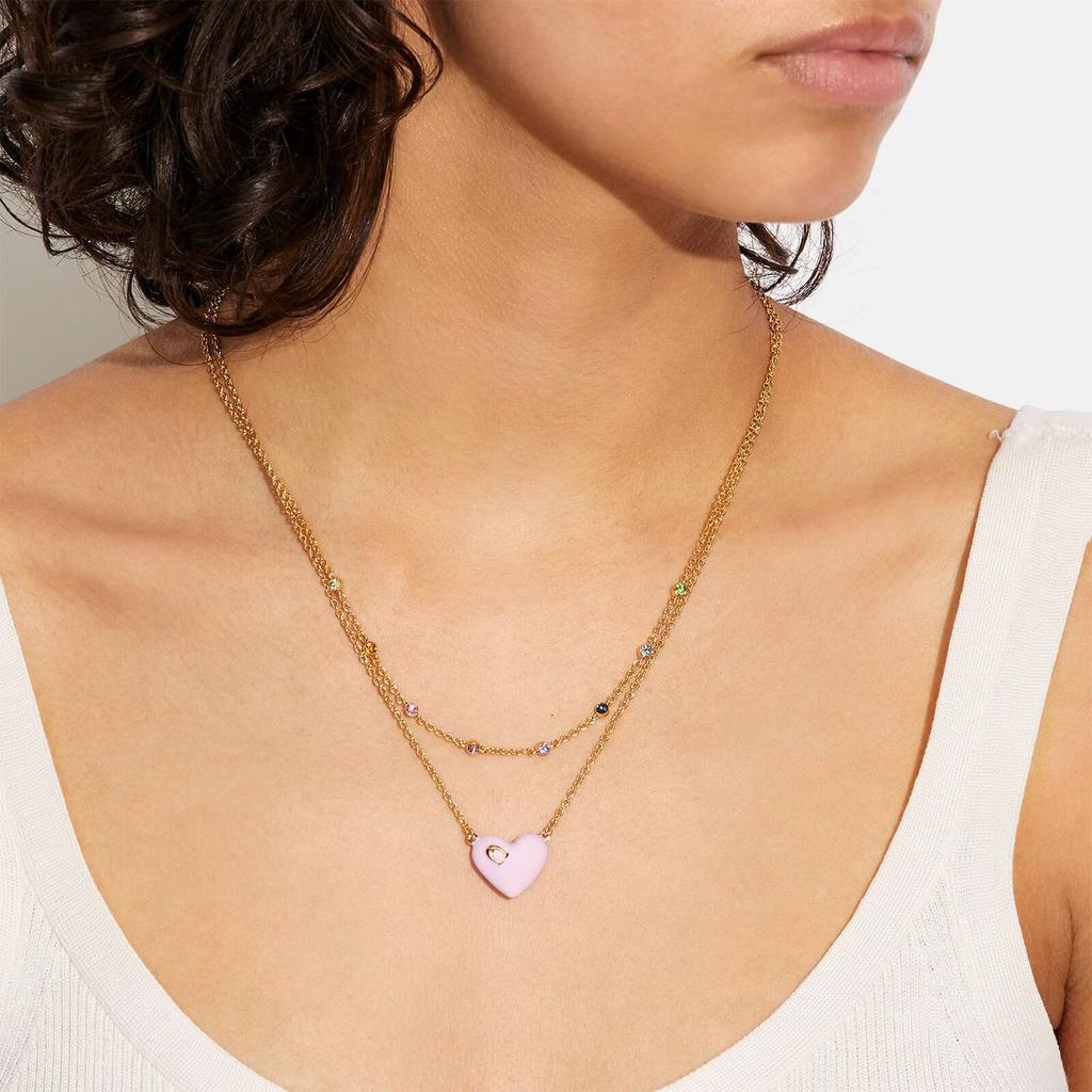 Coach Women's Enamel C Heart Double Chain Necklace - Gold/Pink Multi商品第2张图片规格展示