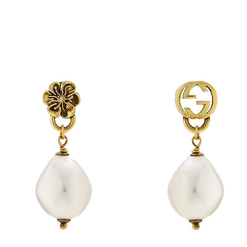 商品Gucci|GUCCI/古驰 金色金属花朵珍珠吊坠GG细节耳环,价格¥2889,第1张图片