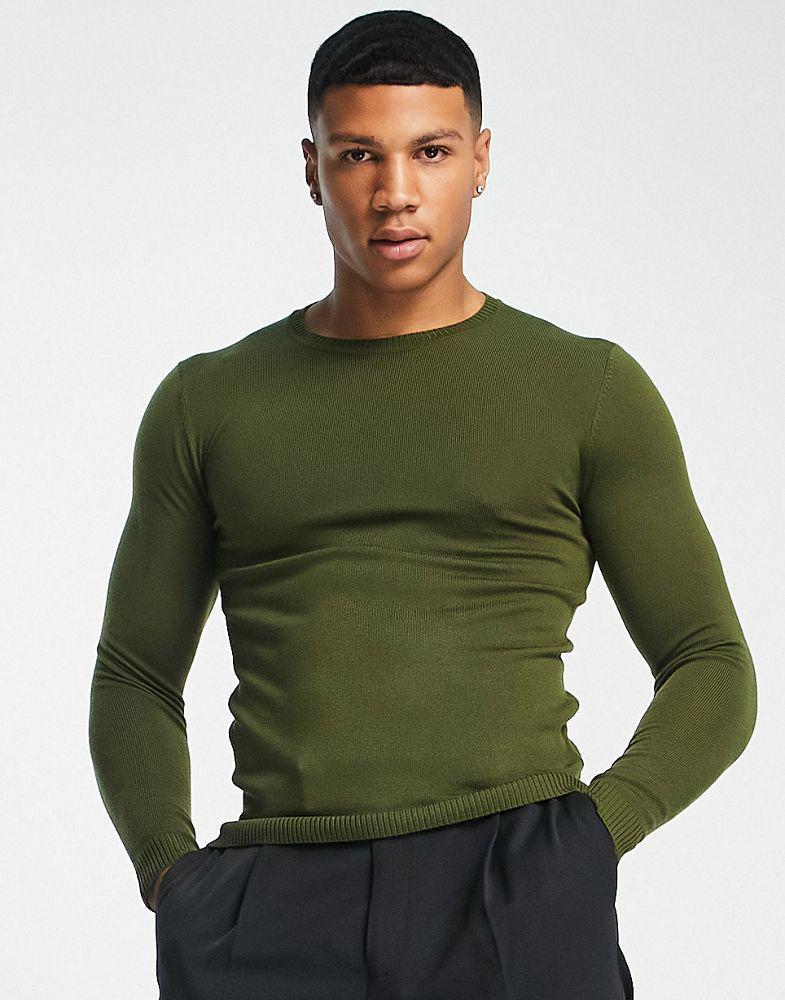 ASOS DESIGN muscle fit premium merino wool jumper in khaki商品第1张图片规格展示