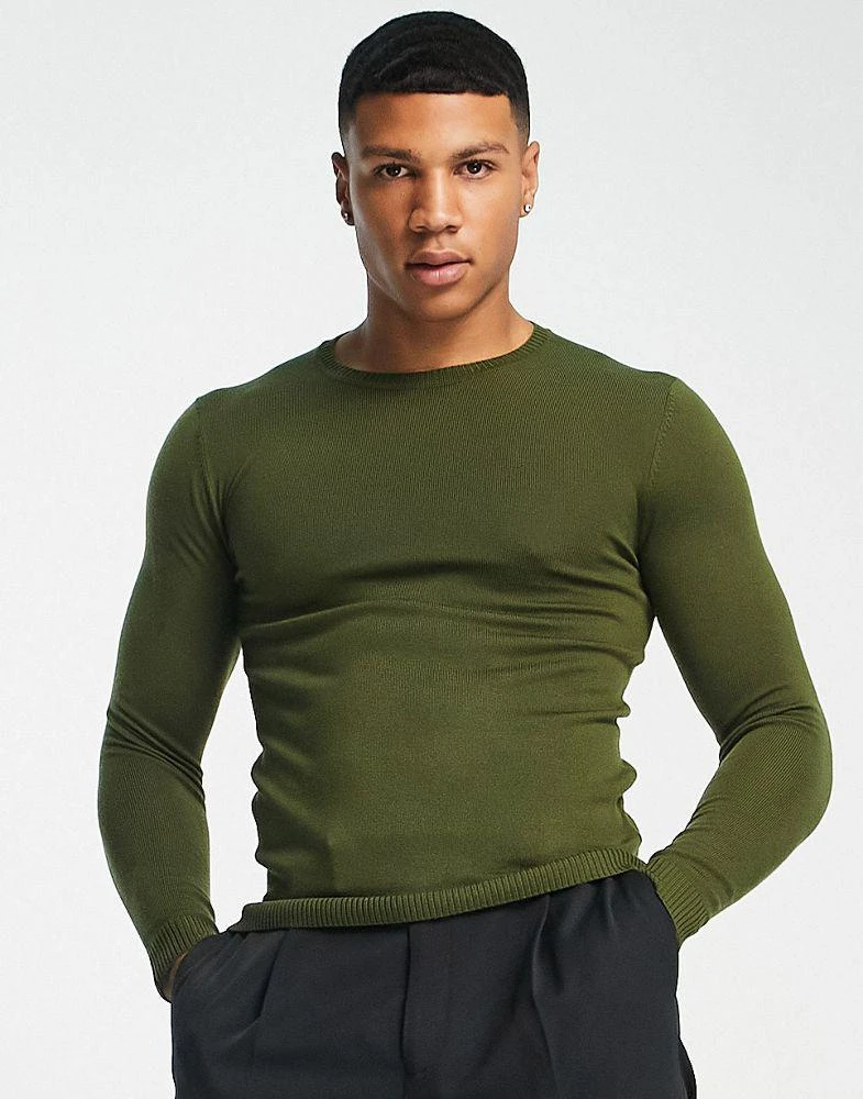 商品ASOS|ASOS DESIGN muscle fit premium merino wool jumper in khaki,价格¥229,第1张图片