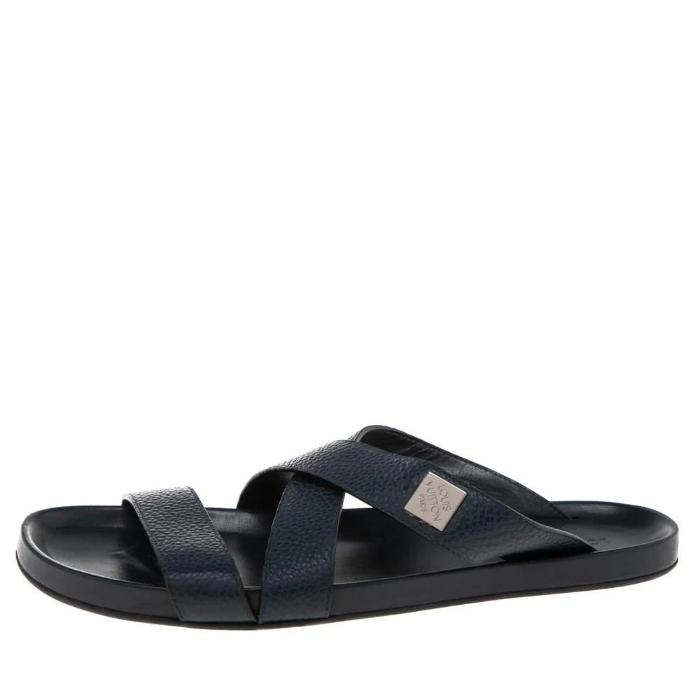 商品[二手商品] Louis Vuitton|Louis Vuitton Navy Blue Leather Criss Cross Strap Flat Slides Size 44.5,价格¥3203,第2张图片详细描述