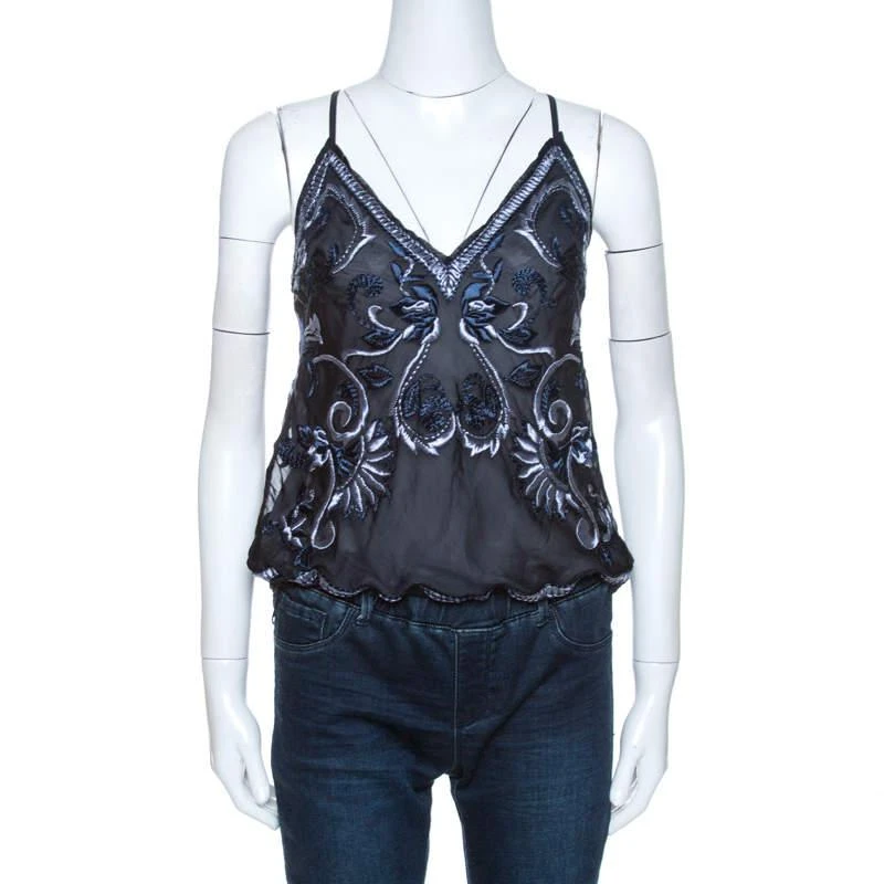 商品[二手商品] Ralph Lauren|Ralph Lauren Navy Blue Embroidered Silk Drawstring Waist Detail Camisole M ,价格¥869,第1张图片