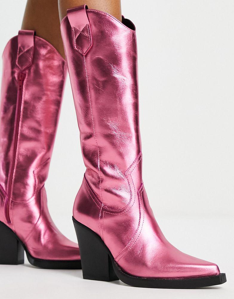 ASOS DESIGN Camouflage premium leather western knee boots in pink商品第3张图片规格展示