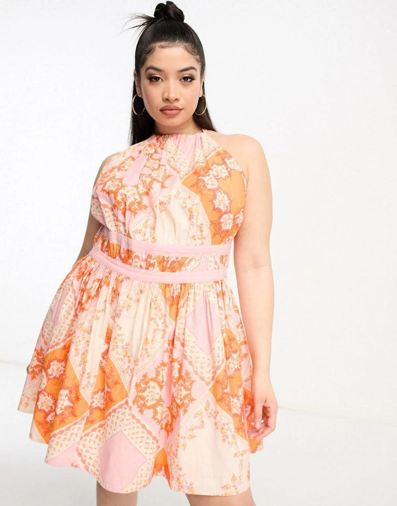 商品ASOS|ASOS DESIGN Curve halter mini sundress in pink scarf print,价格¥205,第1张图片