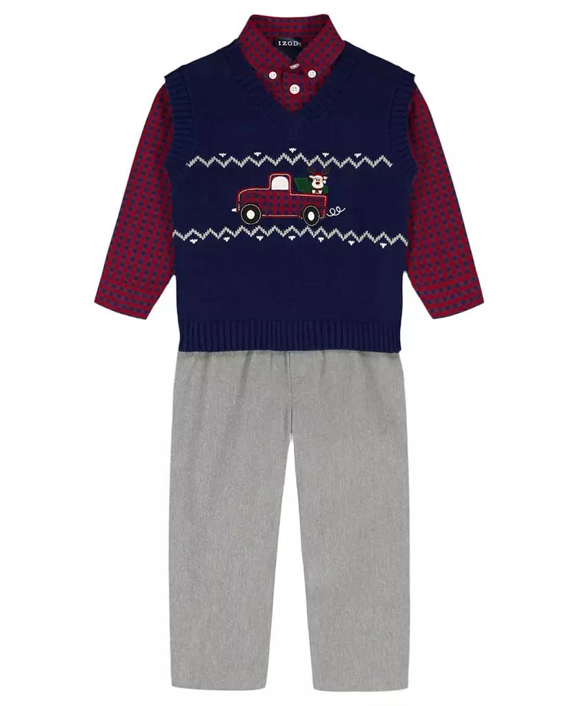 商品IZOD|Baby Boys 3-Piece Fairisle Truck Sweater Vest, Shirt and Pants Set,价格¥475,第1张图片