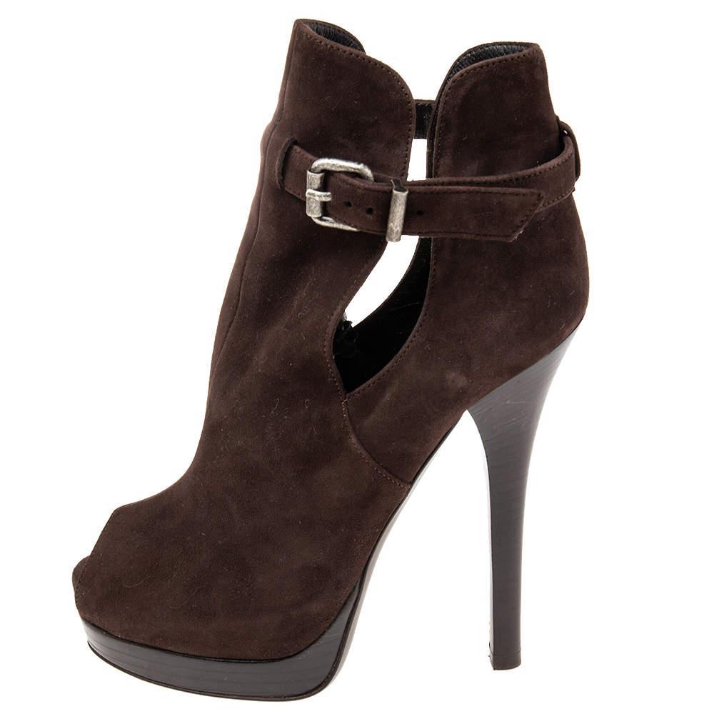 商品[二手商品] Fendi|Fendi Dark Brown Suede Peep-Toe Platform Ankle Booties Size 36,价格¥1076,第4张图片详细描述