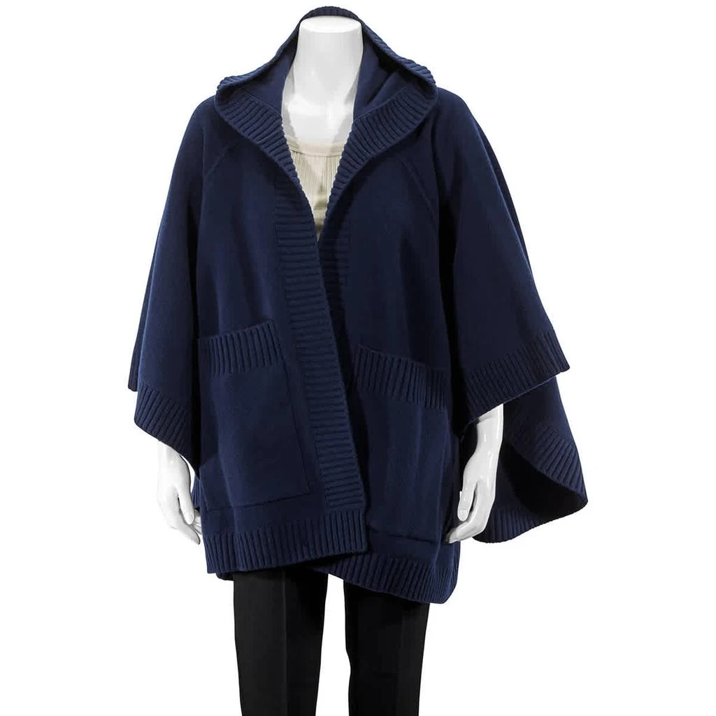 商品Burberry|Burberry Crest Wool Blend Jacquard Hooded Cape In Navy,价格¥2889,第1张图片