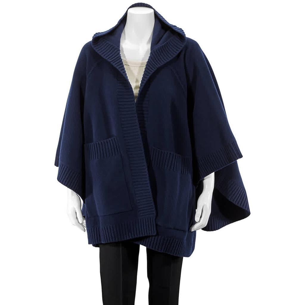 商品Burberry|Burberry Crest Wool Blend Jacquard Hooded Cape In Navy,价格¥8157,第1张图片
