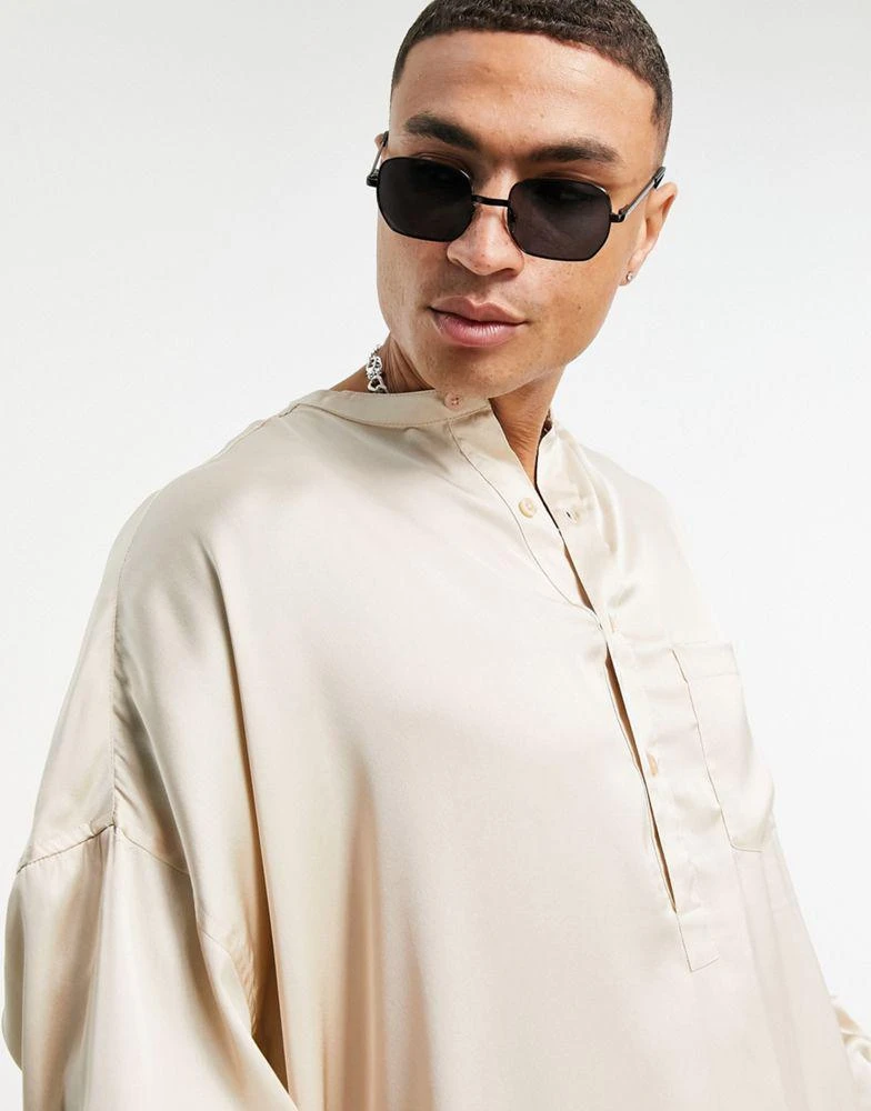 商品ASOS|ASOS DESIGN oversized overhead satin shirt with grandad collar in champagne,价格¥160,第3张图片详细描述