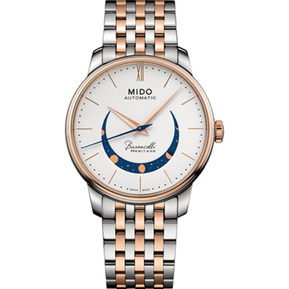 商品MIDO|Men's Swiss Automatic Baroncelli Smiling Moon Two Tone Stainless Steel Bracelet Watch 39mm,价格¥9458,第1张图片