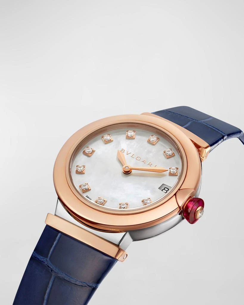 商品BVLGARI|LVCEA 33mm Pink Gold and Stainless Steel Mother-of-Pearl Watch with Diamonds and Blue Alligator Strap,价格¥77365,第2张图片详细描述
