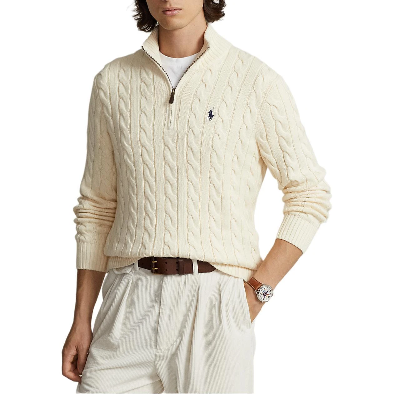 商品[国内直发] Ralph Lauren|[预售3天]纯色半拉链立领动物刺绣长袖针织衫 男款 米白色,价格¥1902,第4张图片详细描述