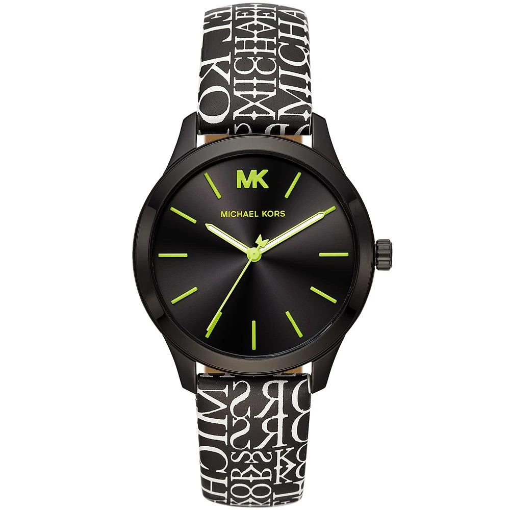 商品Michael Kors|Women's Slim Runway Black Logo Leather Strap Watch 38mm,价格¥773,第1张图片