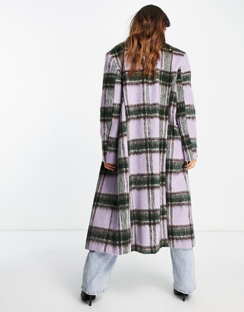 Topshop lilac check double breasted long coat in lilac商品第2张图片规格展示