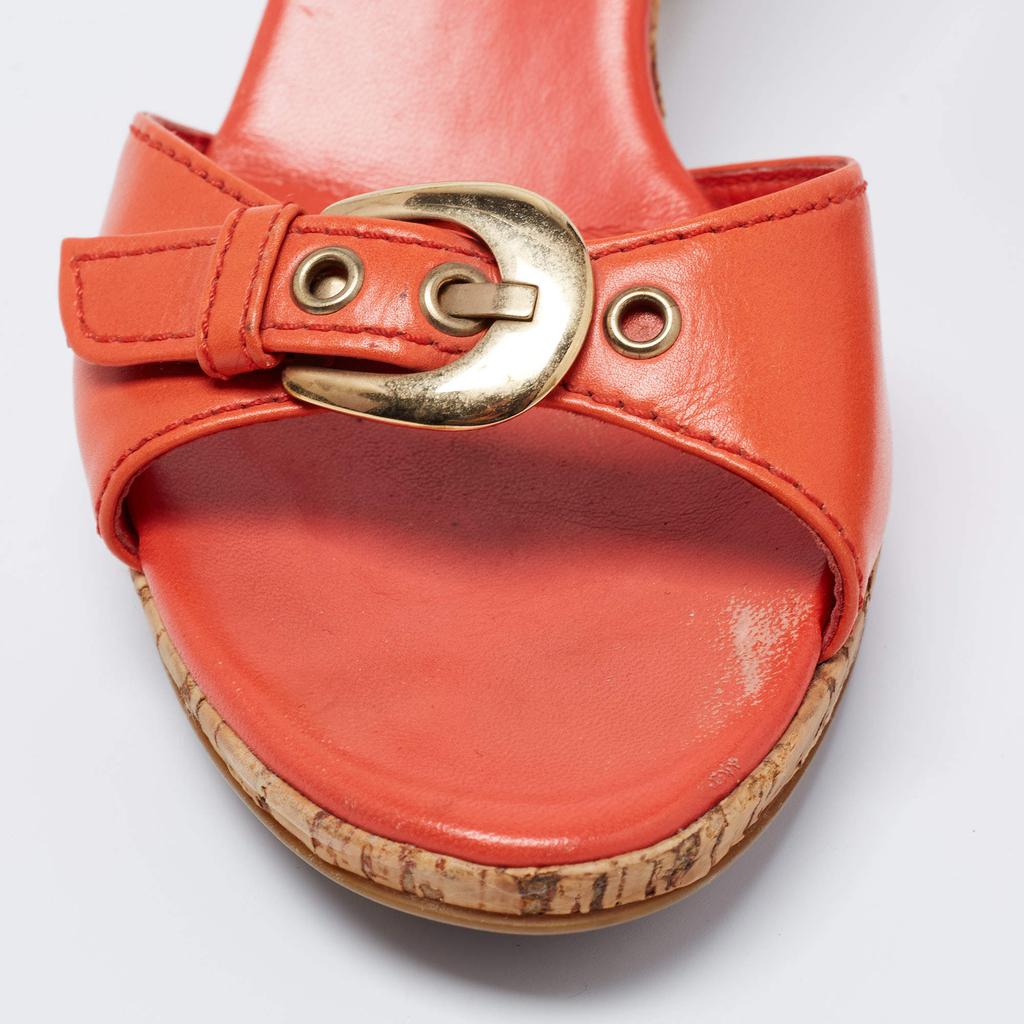 Sergio Rossi Orange Leather Buckle Detail Cork Heel Slide Sandals Size 36.5商品第7张图片规格展示