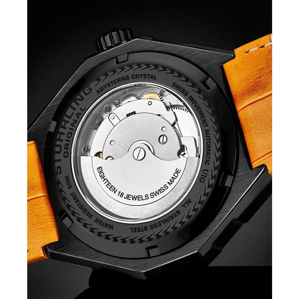 Men's Automatic Orange Alligator Embossed Genuine Leather Strap with Black Stitching Watch 44mm商品第5张图片规格展示
