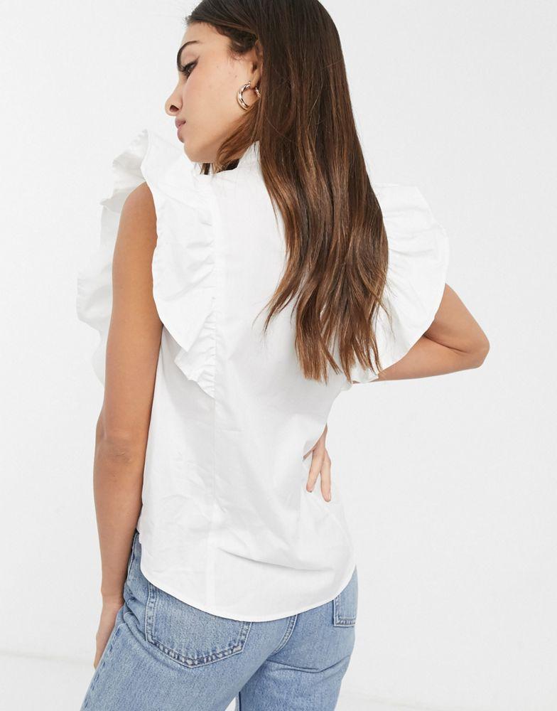 商品ASOS|ASOS DESIGN sleeveless shirt with frill detail in cotton in white,价格¥135,第4张图片详细描述
