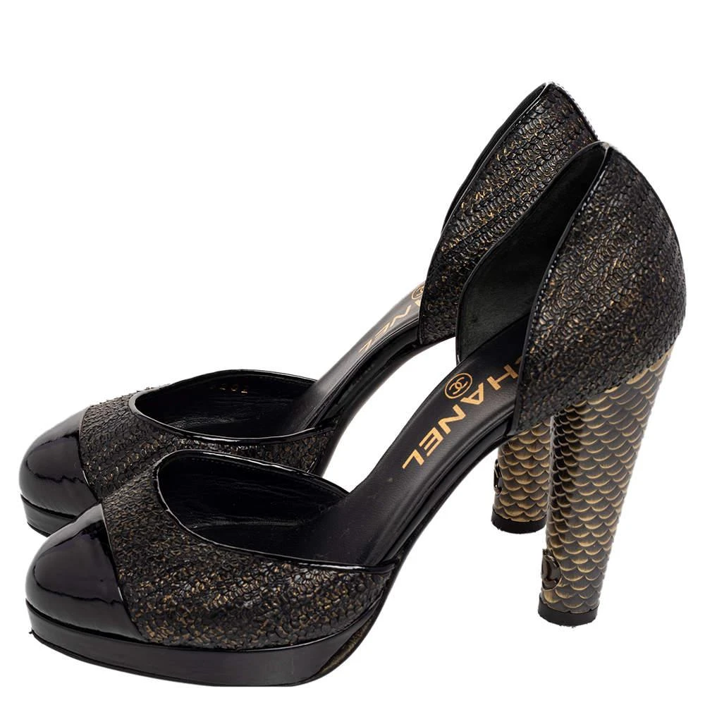 商品[二手商品] Chanel|Chanel Black/Gold Python Effect Leather Cap Toe D'orsay Pumps Size 36,价格¥2490,第4张图片详细描述